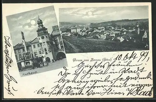 Mondschein-AK Arnau / Hostinne, Rathaus, Ortsansicht aus der Vogelschau