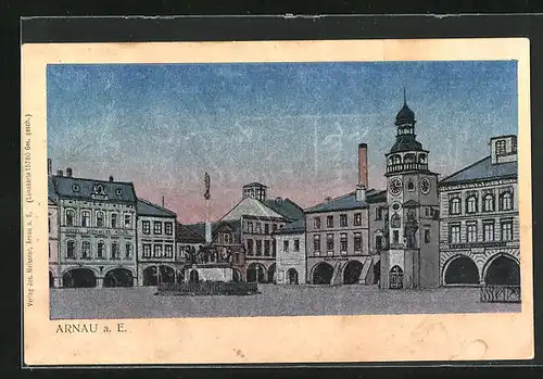 AK Arnau / Hostinne, Marktplatz mit Hotel und Kirchturm