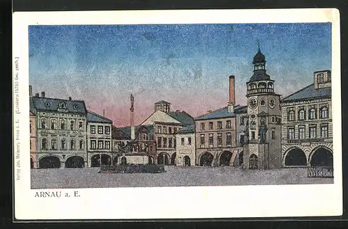 AK Arnau / Hostinne, Marktplatz mit Hotel und Kirche