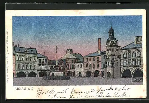AK Arnau / Hostinne, Hotel am Marktplatz, Turmuhr