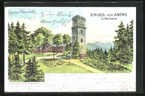 Lithographie Karlsbad, Gasthaus und Aussichtsturm auf dem Aberg