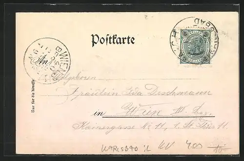 Lithographie Karlsbad, Gasthaus und Aussichtsturm auf dem Aberg