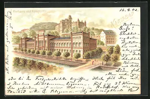 Lithographie Karlsbad, Kurhaus und Königsvilla