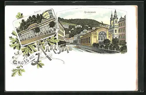 Lithographie Karlsbad, Felsenquelle und Sprudelcolonade