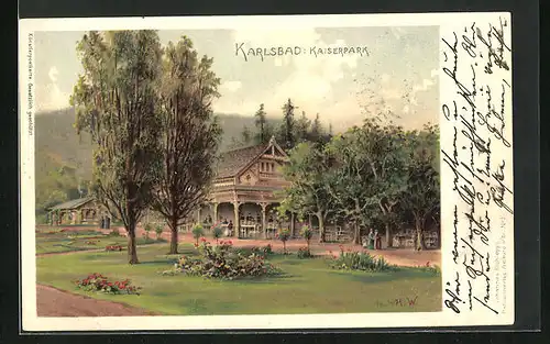 Lithographie Karlsbad, Partie im Kaiserpark