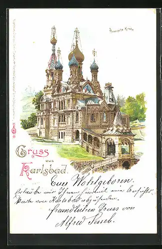 Lithographie Karlsbad, Russische Kirche