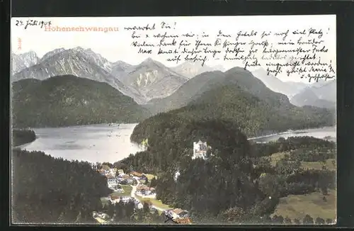 AK Hohenschwangau, Totalansicht mit See und Gebirge