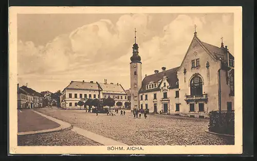 AK Böhm. Aicha, Marktplatz mit Denkmal