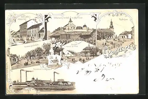 Lithographie Kostelce, Radnice, Cukrovar a raffinerie, Namesti a kostel sv Vita