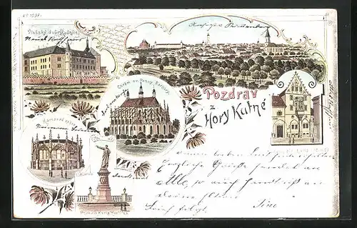 Lithographie Kuttenberg / Kutna Hora, Vlassky dvur, Radnice, Chram sv. Panny Barbory, Kamenná kasna