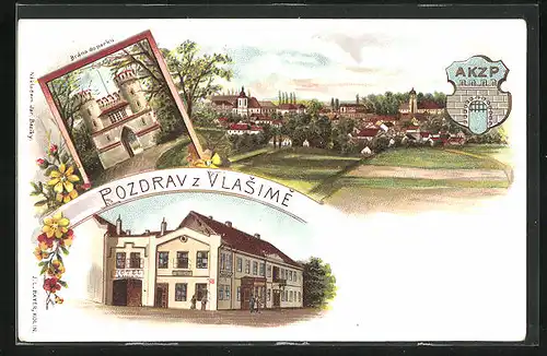 Lithographie Vlasim, Hotel u Karla IV., Brana do parku, Celkový pohled, Wappen