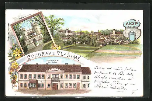 Lithographie Vlasim, Hotelu Karla IV. Jar. Bazika, Celkový pohled, Brana do Parku