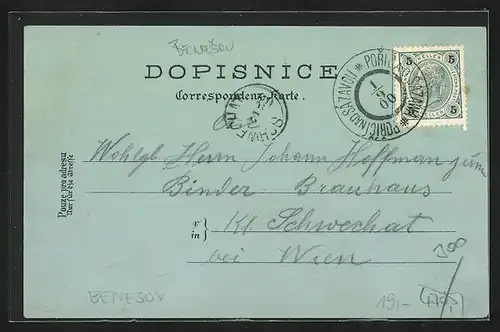 Lithographie Beneschau / Benesov, Velké Namestí, Nemocnice, Konopist