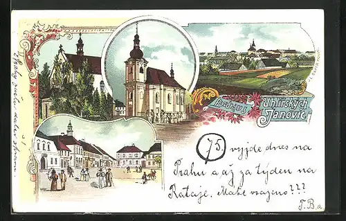 Lithographie Uhlirske Janovice, Kostel, Namesti, Celkový pohled