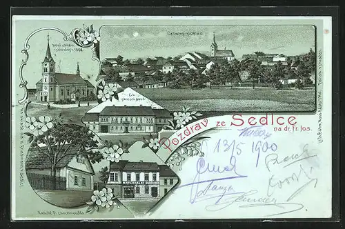 Lithographie Sedlec na dr. Fr. Jos., Celkový pohled, Novy chram vystaveny