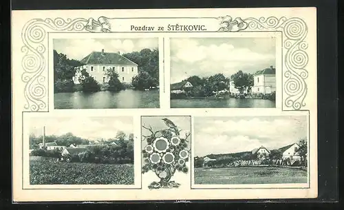 AK Stetkovice, Teilansicht vom Ort, Schloss