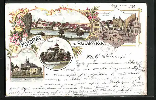 Lithographie Rozmital p. T., Námesti, Farni kostel, Zámek