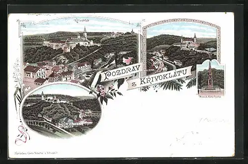 Lithographie Krivoklát, Pomnik Karla Egona, Teilansicht mit Schloss
