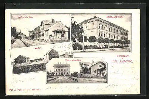 AK Uhlirske Janovice, Nádrazni ulice, Mestanská skola, Vila s nádrazim