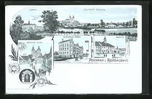Mondschein-Lithographie Rozdalovice, Kostelni ulica, Mestanská skola, Radnice, Zámek