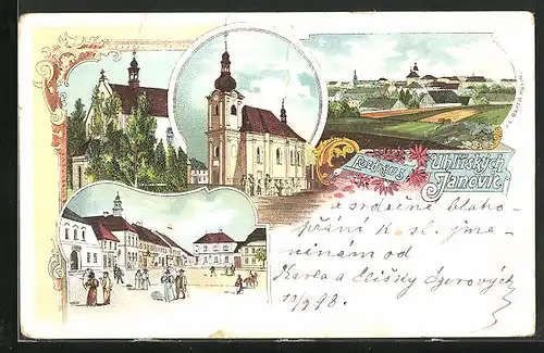 Lithographie Uhlirske Janovice, Námesti, Kostel, Marktplatz, Kirche