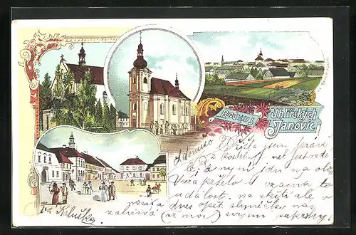 Lithographie Uhlirske Janovice, Námesti, Kostel, Marktplatz und Kirche