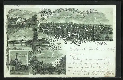 Mondschein-Lithographie Kostelec nad Labem, Myslivna na Kope, Okresni most pres Labe