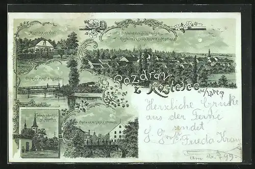 Mondschein-Lithographie Kostelec nad Labem, Myslivna na Kope, Okresni most pres Labe, Ortsansicht