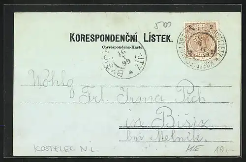 Mondschein-Lithographie Kostelec nad Labem, Myslivna na Kope, Okresni most pres Labe, Ortsansicht