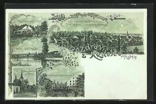 Mondschein-Lithographie Kostelec nad Labem, Myslivna na Kope, Partie na mlynske strouze