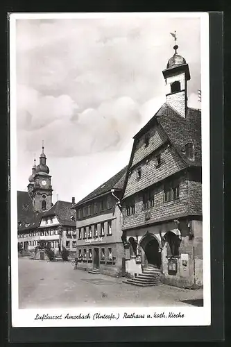 AK Amorbach /Unterfr., Gasthaus Leiningenscher Hof mit Rathaus und katholischer Kirche