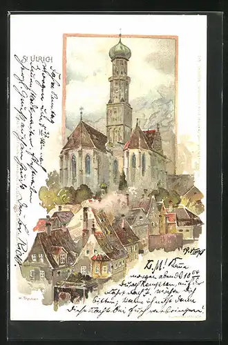 Künstler-AK Augsburg, Teilansicht mit Kirche St. Ulrich