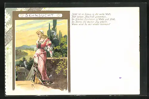 Lithographie Dame wartet sehnsüchtig, Jugendstil