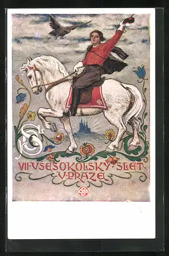 Künstler-AK Praha, VII. vsesokolsky slet 1920, Mann auf weissem Pferd