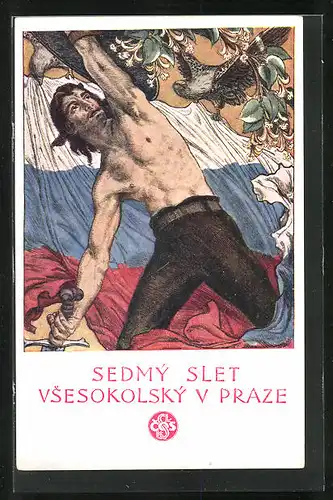 Künstler-AK Praha, Sedmy slet vsesokolsky 1920, Mann mit Schild und Fahne