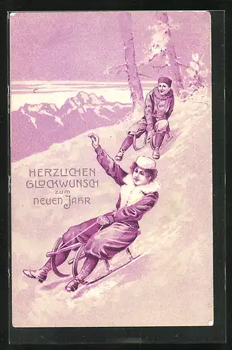 AK Mann und Frau auf Schlitten an einem Abhang, Neujahrsgruss