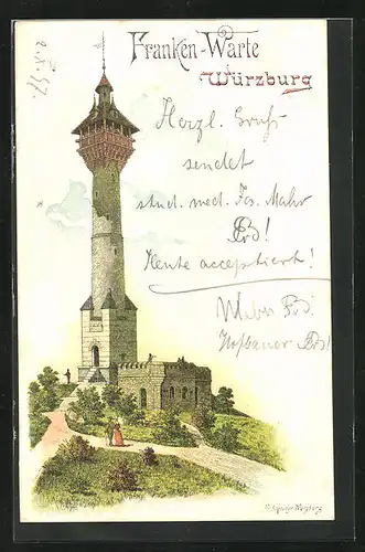 Lithographie Würzburg, Frankenwarte, Aussichtsturm