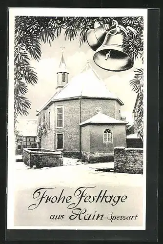 AK Hain /Spessart, Kirche im Winter, Weihnachtsgruss