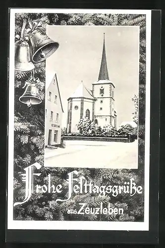 AK Zeuzleben, Kirche im Winter, Weihnachtsgruss