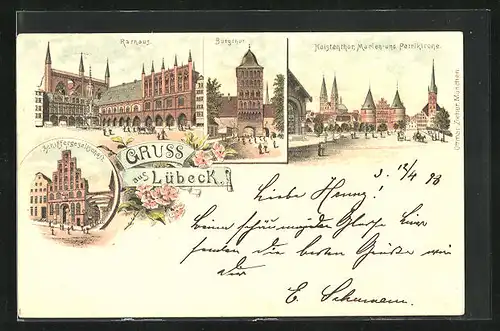 Lithographie Lübeck, Schiffergesellschaft, Burgthor, Rathaus