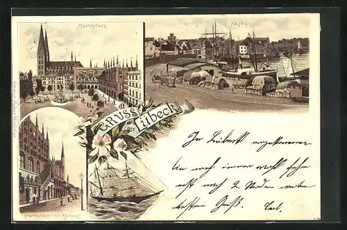 Lithographie Lübeck, Breitestrasse mit Rathaus, Hafen, Marktplatz