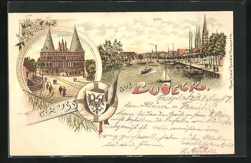 Lithographie Lübeck, Holstenthor, Am Hafen