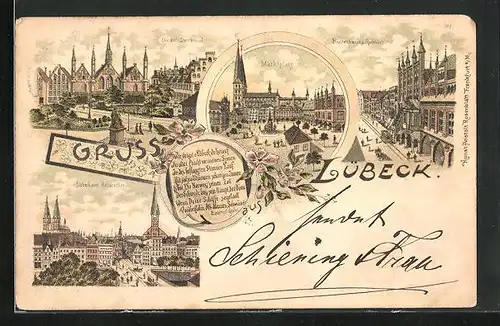 Lithographie Lübeck, Geibel-Denkmal, Breitestrasse und Rathaus