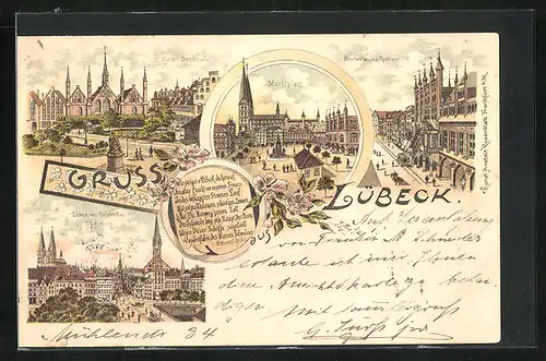 Lithographie Lübeck, Geibel-Denkmal, Breitestrasse und Rathaus, Marktplatz