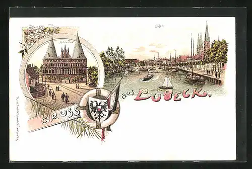 Lithographie Lübeck, Am Hafen, Strassenpartie am Holstenthor