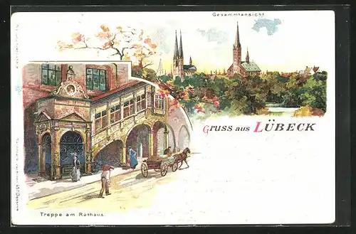Lithographie Lübeck, Treppe am Rathaus, Herbstliches Panorama