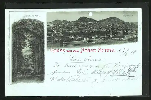 Mondschein-Lithographie Eisenach, Hohe Sonne mit Blick zur Wartburg, Stadtansicht