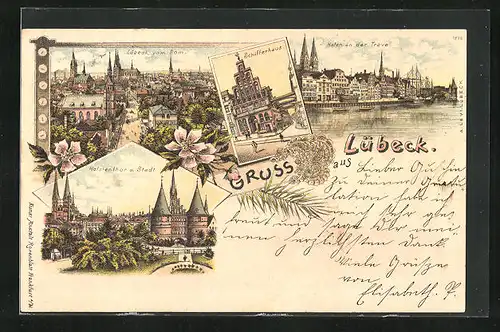 Lithographie Lübeck, Schifferhaus, Holstenthor und Stadt