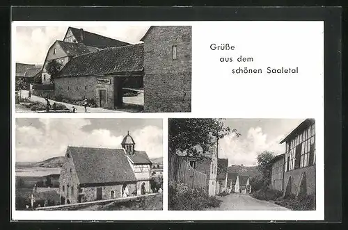 AK Hammelburg-Untereschenbach a. d. Saale, Gasthaus Müller, Kirche, Strassenpartie