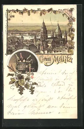 Lithographie Mainz, Dom im Stadtbild, Wein